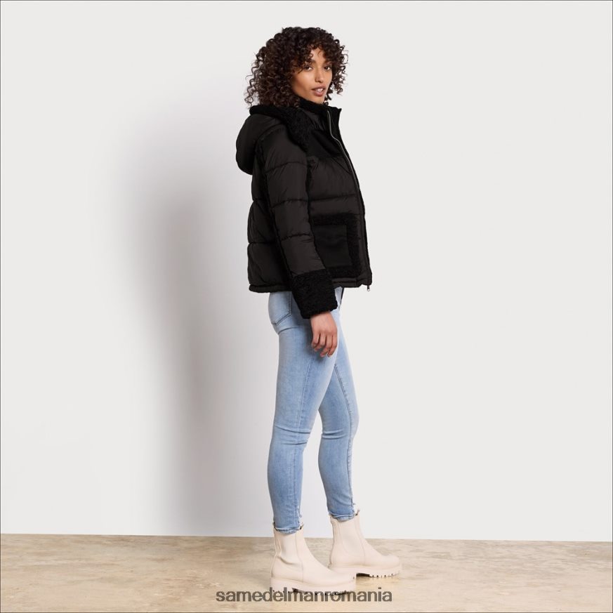 Sam Edelman îmbrăcăminte negru femei puf scurt cu glugă HN448Z1161