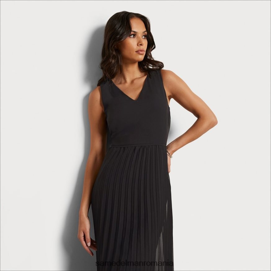 Sam Edelman îmbrăcăminte negru femei rochie midi plisată cu decolteu în V HN448Z1099
